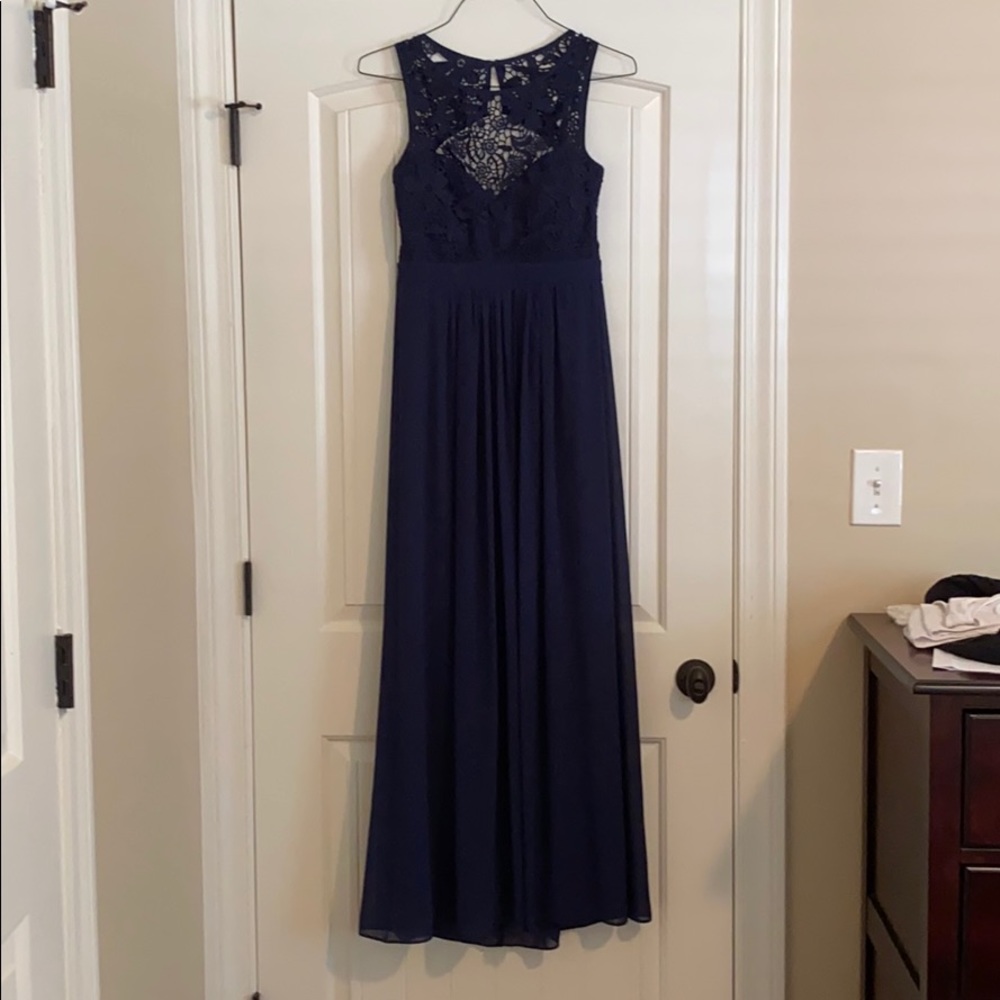 Navy evening dress with lace top